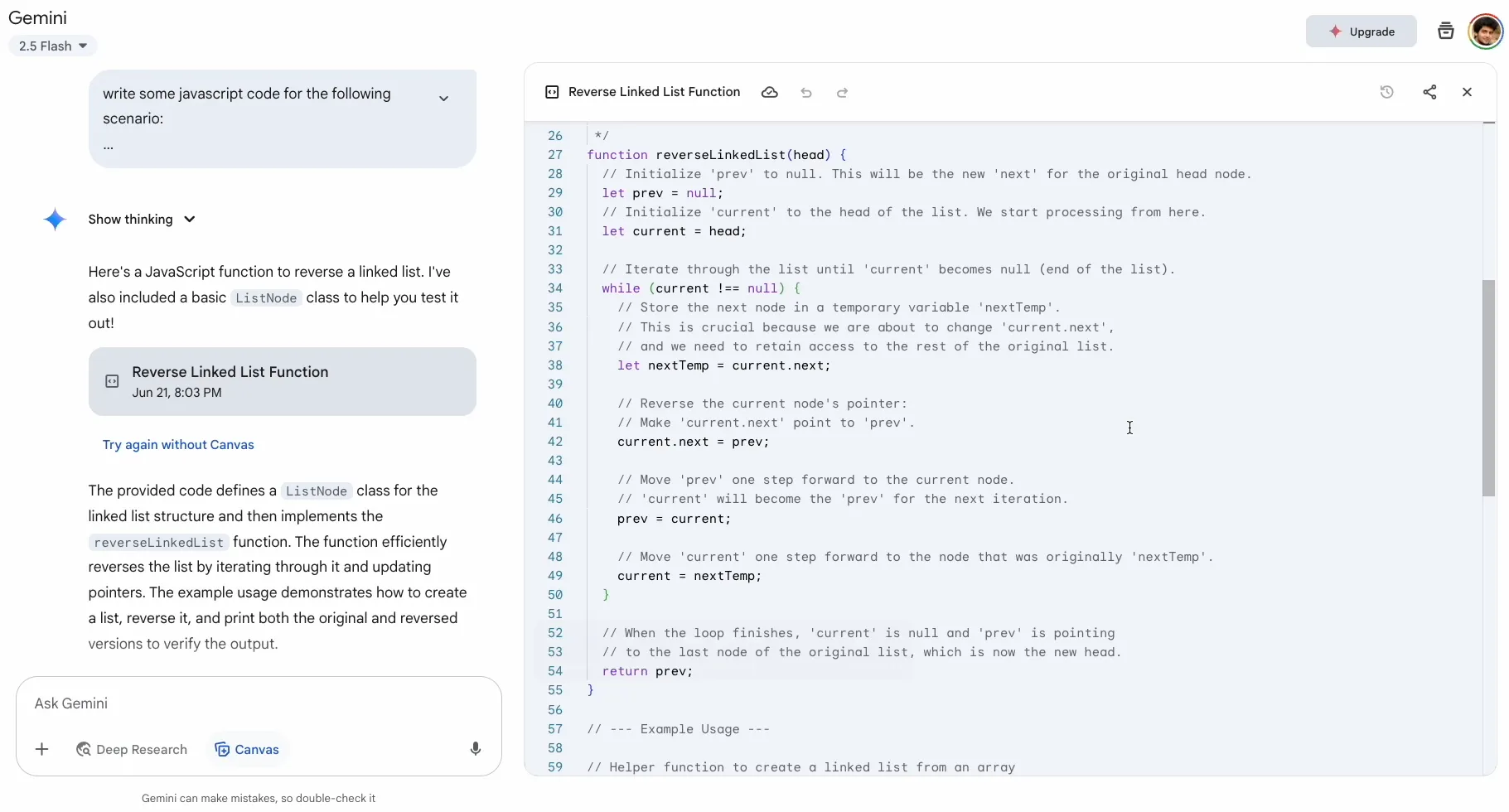 Screenshot of the initial generated code, showing excessive comments and example usage blocks