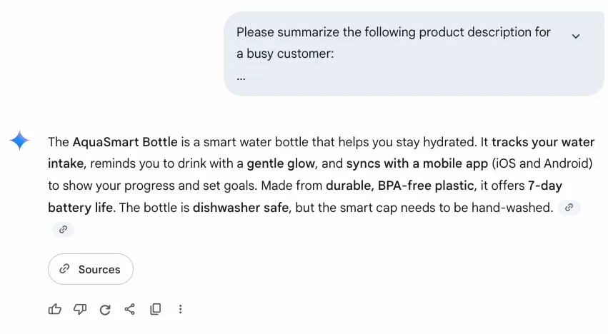 Screenshot of the initial, functional but bland product summary output