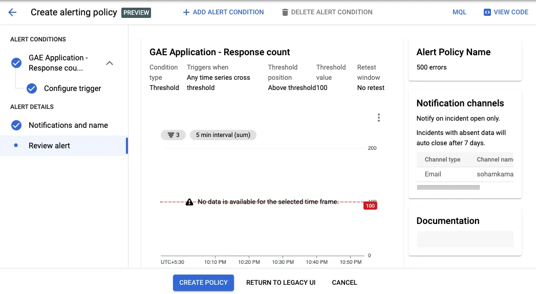 UI to review and create policy after configuration