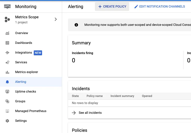create a new alert policy from the alert tab