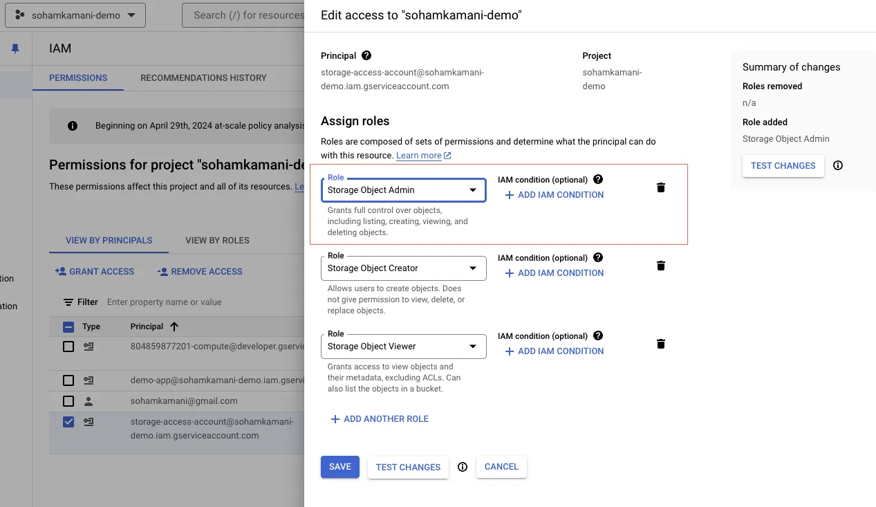 Adding Storage Object Admin Role to Service Account