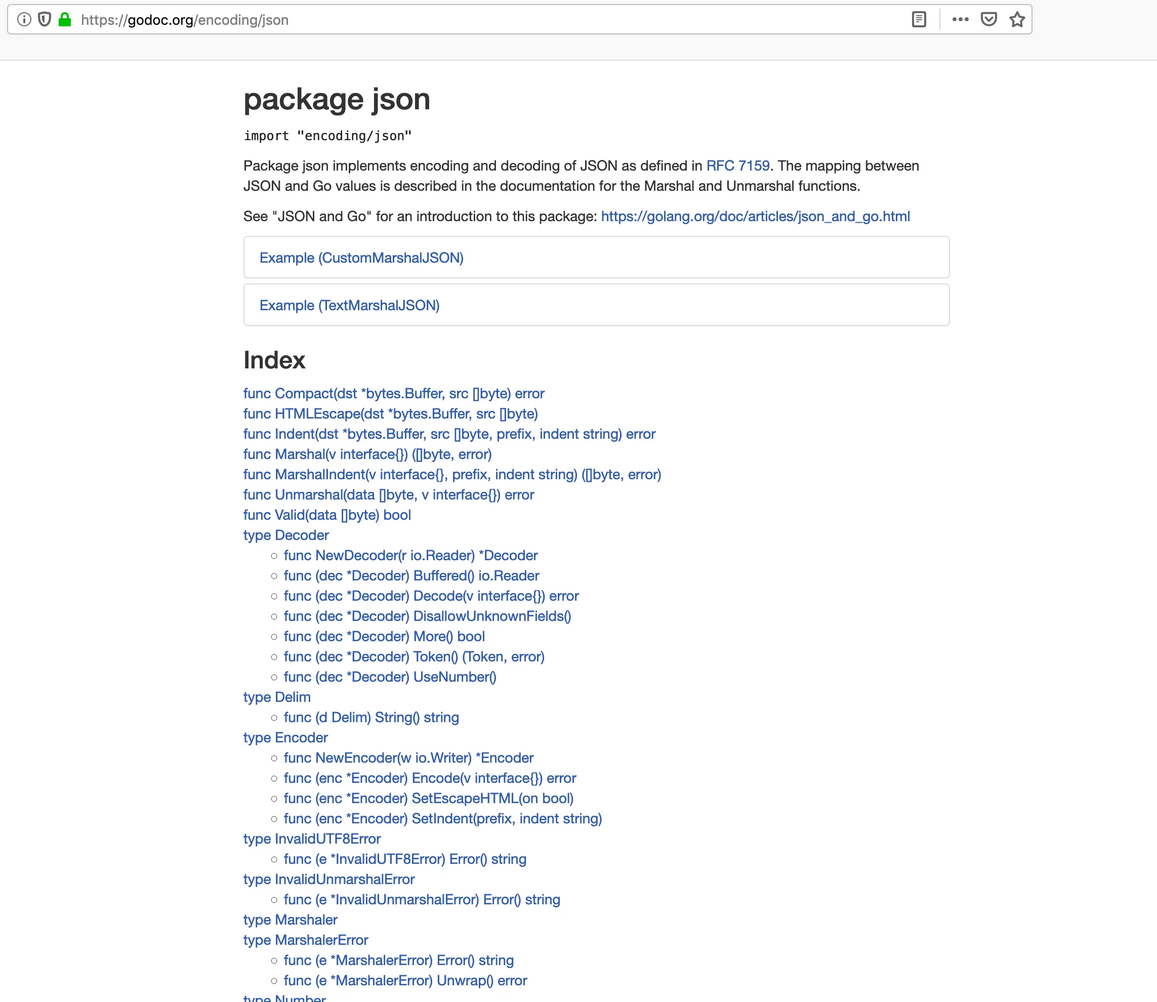 JSON godoc page