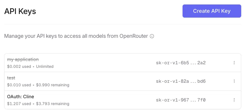 Screenshot of the OpenRouter API key creation interface
