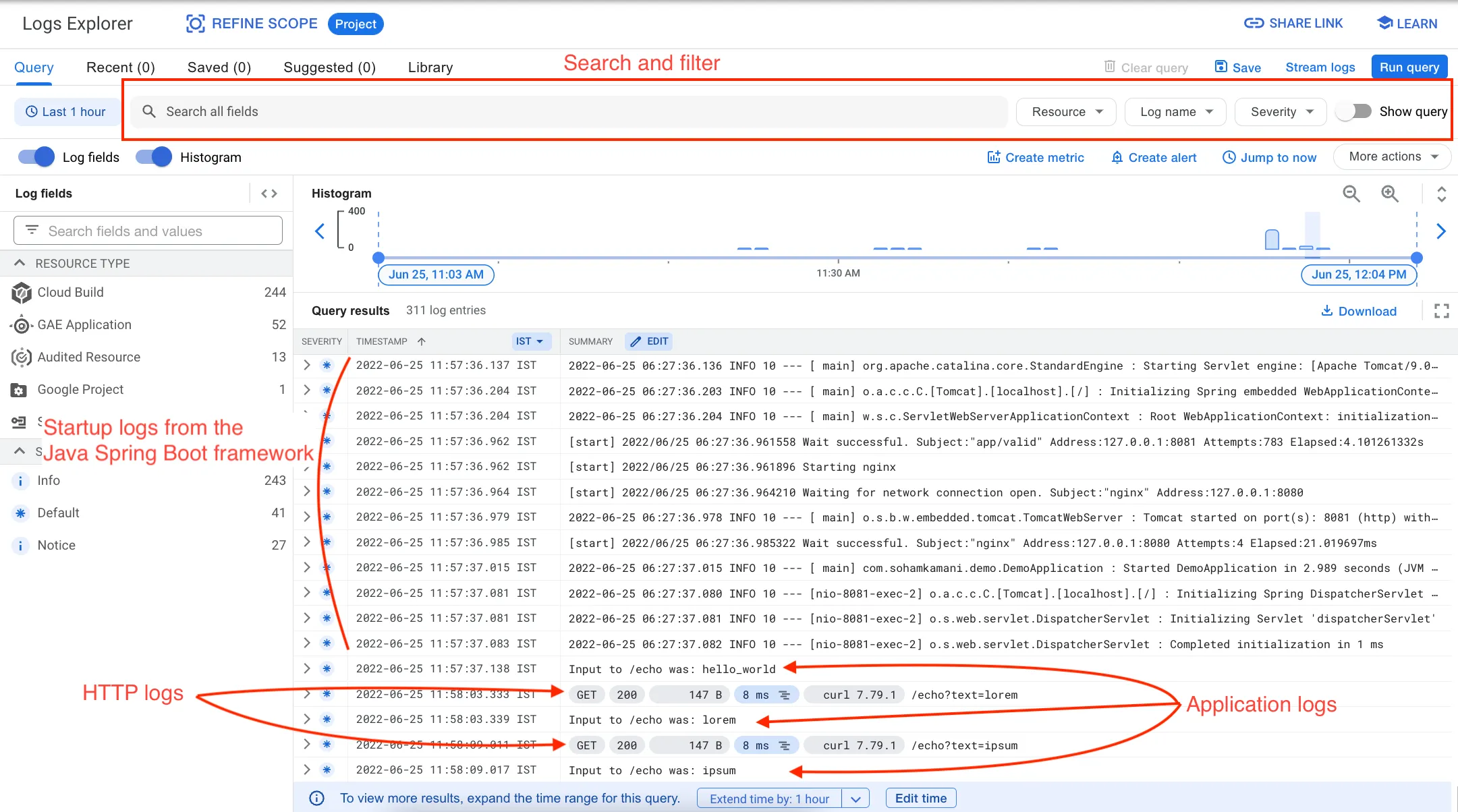 logs explorer with search filter and advanced UI for viewing logs